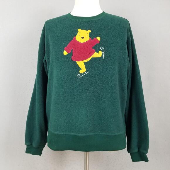 Disney Winnie the Pooh Sweatshirt Womens Medium Green Fleece Crewneck Skating - Picture 1 of 13
